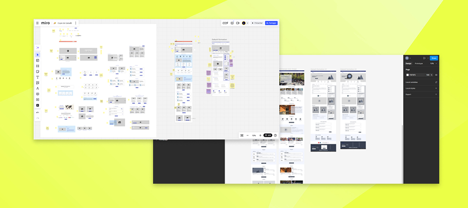 Une capture représente le tableau blanc qui a servit de co-construction des gabarits, une autre présente le fichier FIGMA avec le gabarit mis au propre