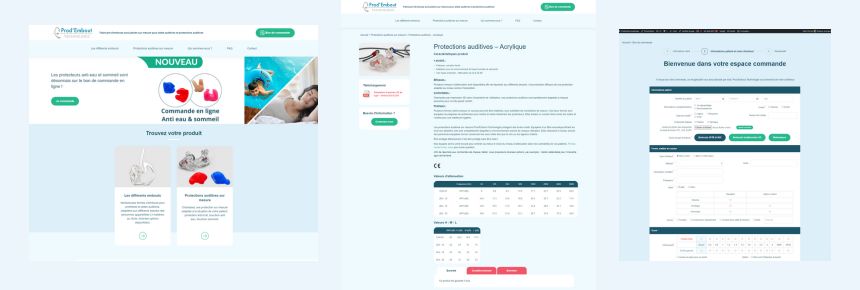 Capture d'écran de la page d'accueil, d'une page produit et du bon de commande du site prod'embout Technologie