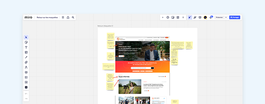 Extrait du tableau Miro comprenant les retours sur les propositions de maquettes