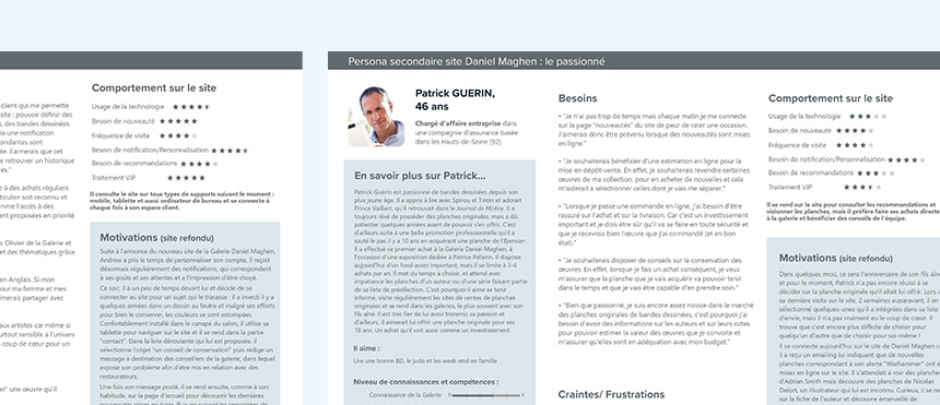 Les personae du site Daniel Maghen, on voit la fiche du client passionné