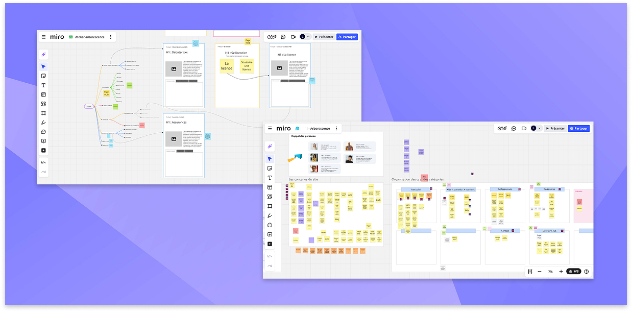 Deux captures d'écran de board Miro, l'une représente un mapping de contenu vis à vis d'une arborescence et l'autre est issues d'un atelier tri de carte
